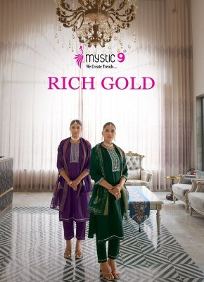 Mystic 9 Rich Gold Vol 5 Premium Cotton Jam Satin Suit with Sleeves Swarovski Embroidery And Anchor Embellishments with Digital Chanderi Dupatta Whole kurtis catalogs