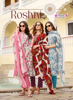 Mystic 9 Roshni Vol 1 Cambric Cotton Straight Kurti Set with Printed Dupatta (M–3XL) readymade suit catalogs