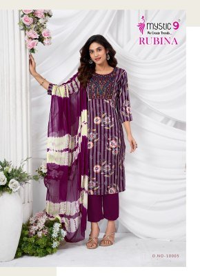 Mystic 9 Rubina Vol 10 Premium Rayon Dull Patta Kurti with Sleeve Lock Embroidery  Straight Pant And Nazmeen Cotton Dupatta Wholesale kurtis catalogs