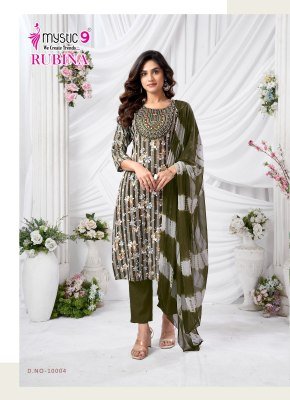 Mystic 9 Rubina Vol 10 Premium Rayon Dull Patta Kurti with Sleeve Lock Embroidery  Straight Pant And Nazmeen Cotton Dupatta Wholesale kurtis catalogs