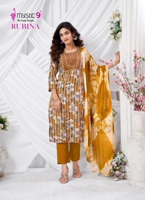 Mystic 9 Rubina Vol 10 Premium Rayon Dull Patta Kurti with Sleeve Lock Embroidery  Straight Pant And Nazmeen Cotton Dupatta Wholesale kurtis catalogs