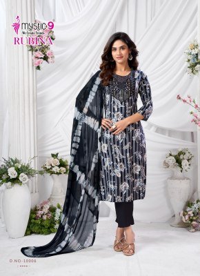 Mystic 9 Rubina Vol 10 Premium Rayon Dull Patta Kurti with Sleeve Lock Embroidery  Straight Pant And Nazmeen Cotton Dupatta Wholesale kurtis catalogs