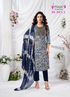 Mystic 9 Rubina Vol 10 Premium Rayon Dull Patta Kurti with Sleeve Lock Embroidery  Straight Pant And Nazmeen Cotton Dupatta Wholesale kurtis catalogs