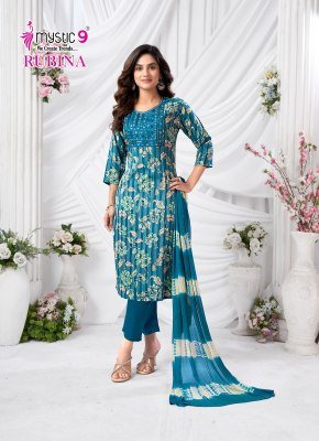 Mystic 9 Rubina Vol 10 Premium Rayon Dull Patta Kurti with Sleeve Lock Embroidery  Straight Pant And Nazmeen Cotton Dupatta Wholesale kurtis catalogs