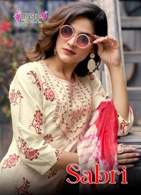 Mystic 9 Sabri VOL 7 Premium Rayon Foil Print Top with Sleeve Lock Embroidered Front And Dyed Rayon Pant with Exclusive Pocket And Chanderi Cotton Dup kurtis catalogs