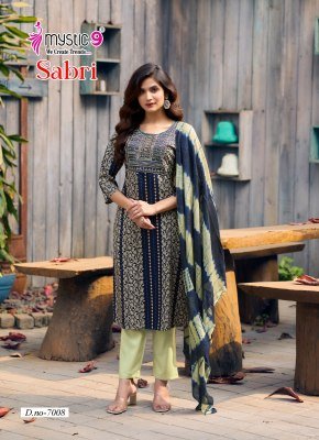 Mystic 9 Sabri VOL 7 Premium Rayon Foil Print Top with Sleeve Lock Embroidered Front And Dyed Rayon Pant with Exclusive Pocket And Chanderi Cotton Dup kurtis catalogs