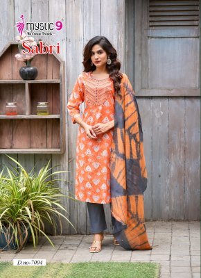 Mystic 9 Sabri VOL 7 Premium Rayon Foil Print Top with Sleeve Lock Embroidered Front And Dyed Rayon Pant with Exclusive Pocket And Chanderi Cotton Dup kurtis catalogs