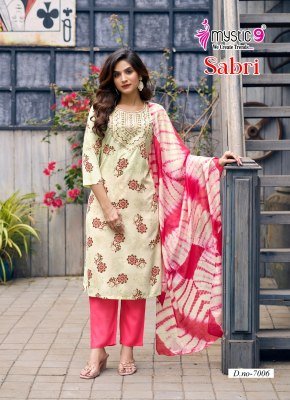 Mystic 9 Sabri VOL 7 Premium Rayon Foil Print Top with Sleeve Lock Embroidered Front And Dyed Rayon Pant with Exclusive Pocket And Chanderi Cotton Dup kurtis catalogs