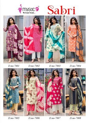 Mystic 9 Sabri VOL 7 Premium Rayon Foil Print Top with Sleeve Lock Embroidered Front And Dyed Rayon Pant with Exclusive Pocket And Chanderi Cotton Dup kurtis catalogs