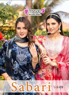 Mystic 9 Sabri Vol 9 Premium Rayon Foil Print Straight Suit Set with Embroidered Kurta Pant And Chanderi Dupatta Wholesale kurtis catalogs