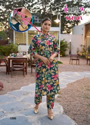 Mystic 9 Seema Vol 1 Designer Vertican Foil Print Co Ord Set with Embroidery And Bottom Exclusive Pocket Wholesale co ord set catalogs