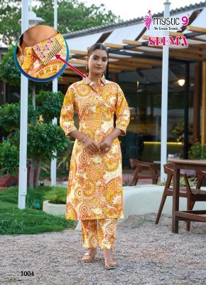 Mystic 9 Seema Vol 1 Designer Vertican Foil Print Co Ord Set with Embroidery And Bottom Exclusive Pocket Wholesale co ord set catalogs