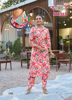 Mystic 9 Seema Vol 1 Designer Vertican Foil Print Co Ord Set with Embroidery And Bottom Exclusive Pocket Wholesale co ord set catalogs