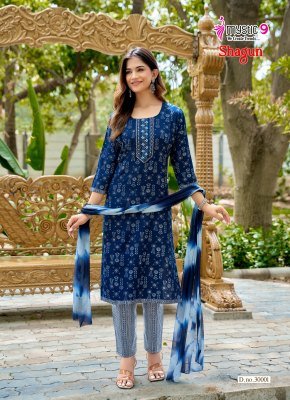 Mystic 9 Shagun Vol-30 Rayon Capsule Foil Print Straight Cut Kurti Pant Dupatta kurti pant with dupatta Catalogs