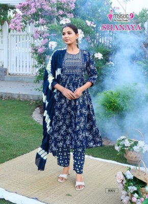 Mystic 9 Shanaya Vol 9 Premium Rayon Foil Print Umbrella Cut Suit Pant Set with Embroidery And Chanderi Dupatta Wholesale  kurtis catalogs