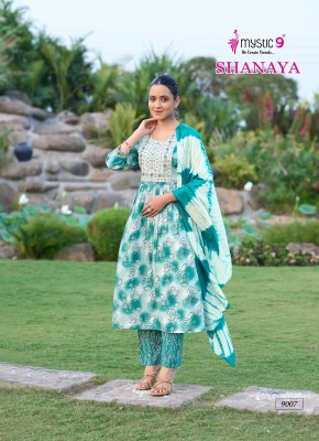 Mystic 9 Shanaya Vol 9 Premium Rayon Foil Print Umbrella Cut Suit Pant Set with Embroidery And Chanderi Dupatta Wholesale  kurtis catalogs