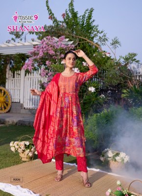 Mystic 9 Shanaya Vol 9 Premium Rayon Foil Print Umbrella Cut Suit Pant Set with Embroidery And Chanderi Dupatta Wholesale  kurtis catalogs