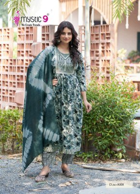 Mystic 9  Simran Vol 8 Premium Nayra Cut Rayon Suit with Exclusive Embroidery Work Pant And Chanderi Dupatta Wholesale  kurtis catalogs