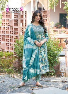 Mystic 9  Simran Vol 8 Premium Nayra Cut Rayon Suit with Exclusive Embroidery Work Pant And Chanderi Dupatta Wholesale  kurtis catalogs