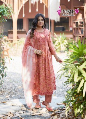 Mystic 9  Simran Vol 8 Premium Nayra Cut Rayon Suit with Exclusive Embroidery Work Pant And Chanderi Dupatta Wholesale  kurtis catalogs