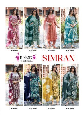 Mystic 9  Simran Vol 8 Premium Nayra Cut Rayon Suit with Exclusive Embroidery Work Pant And Chanderi Dupatta Wholesale  kurtis catalogs