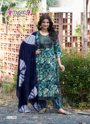 Mystic 9  Simran Vol 8 Premium Nayra Cut Rayon Suit with Exclusive Embroidery Work Pant And Chanderi Dupatta Wholesale  kurtis catalogs