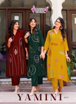Mystic 9 Yamini Vol 1 Premium Vertical Aari Embroidered Co-ord Set  A Line Top with Collar And Straight Pant With Pocket Wholesale  co ord set catalogs