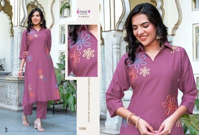 Mystic 9 Yamini Vol 1 Premium Vertical Aari Embroidered Co-ord Set  A Line Top with Collar And Straight Pant With Pocket Wholesale  co ord set catalogs