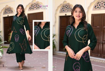 Mystic 9 Yamini Vol 1 Premium Vertical Aari Embroidered Co-ord Set  A Line Top with Collar And Straight Pant With Pocket Wholesale  co ord set catalogs