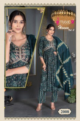 Mystic 9 by Heena vol 2 pure reyon foil printed readymade kurti pant and dupatta catalogue at low rate readymade suit catalogs