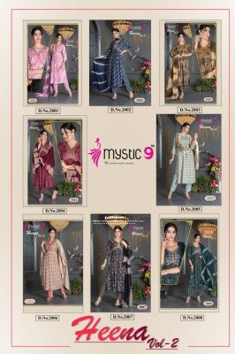Mystic 9 by Heena vol 2 pure reyon foil printed readymade kurti pant and dupatta catalogue at low rate readymade suit catalogs