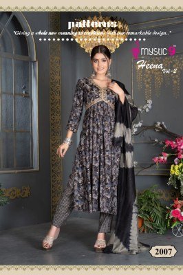 Mystic 9 by Heena vol 2 pure reyon foil printed readymade kurti pant and dupatta catalogue at low rate readymade suit catalogs