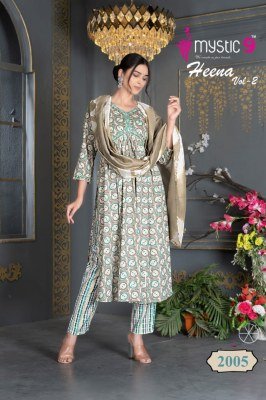 Mystic 9 by Heena vol 2 pure reyon foil printed readymade kurti pant and dupatta catalogue at low rate readymade suit catalogs
