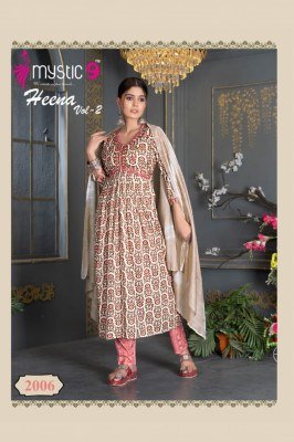 Mystic 9 by Heena vol 2 pure reyon foil printed readymade kurti pant and dupatta catalogue at low rate readymade suit catalogs