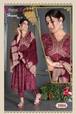 Mystic 9 by Heena vol 2 pure reyon foil printed readymade kurti pant and dupatta catalogue at low rate readymade suit catalogs