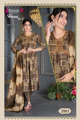 Mystic 9 by Heena vol 2 pure reyon foil printed readymade kurti pant and dupatta catalogue at low rate readymade suit catalogs