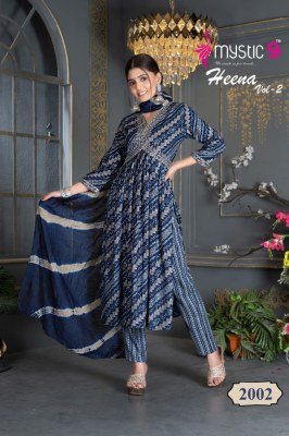 Mystic 9 by Heena vol 2 pure reyon foil printed readymade kurti pant and dupatta catalogue at low rate readymade suit catalogs