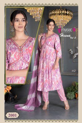 Mystic 9 by Heena vol 2 pure reyon foil printed readymade kurti pant and dupatta catalogue at low rate readymade suit catalogs