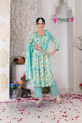 Mystic 9 by Pooja vol 2 heavy reyon foil printed readymade suit catalogue at affordable rate Amavi