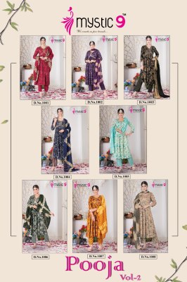 Mystic 9 by Pooja vol 2 heavy reyon foil printed readymade suit catalogue at affordable rate readymade suit catalogs