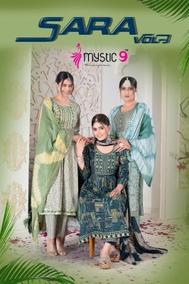 Mystic by sara vol 3 two ton reyon foil print nyra cut  kurti pant and dupatta catalogue Amavi