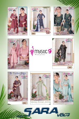 Mystic by sara vol 3 two ton reyon foil print nyra cut  kurti pant and dupatta catalogue readymade suit catalogs