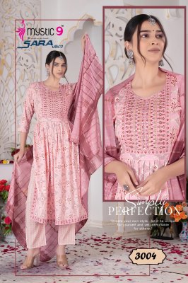 Mystic by sara vol 3 two ton reyon foil print nyra cut  kurti pant and dupatta catalogue readymade suit catalogs