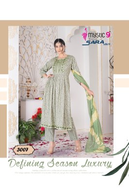 Mystic by sara vol 3 two ton reyon foil print nyra cut  kurti pant and dupatta catalogue readymade suit catalogs