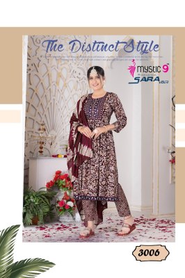 Mystic by sara vol 3 two ton reyon foil print nyra cut  kurti pant and dupatta catalogue readymade suit catalogs