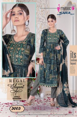 Mystic by sara vol 3 two ton reyon foil print nyra cut  kurti pant and dupatta catalogue readymade suit catalogs