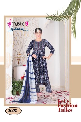Mystic by sara vol 3 two ton reyon foil print nyra cut  kurti pant and dupatta catalogue readymade suit catalogs