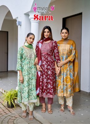 Mystic9 Sara Vol 18 Nyra Cut Kurti Pant with Dupatta Heavy Rayon Foil Print And Embroidered Neck Chanderi Cotton Dupatta Wholesale kurti pant with dupatta Catalogs