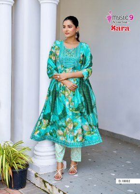 Mystic9 Sara Vol 18 Nyra Cut Kurti Pant with Dupatta Heavy Rayon Foil Print And Embroidered Neck Chanderi Cotton Dupatta Wholesale kurti pant with dupatta Catalogs