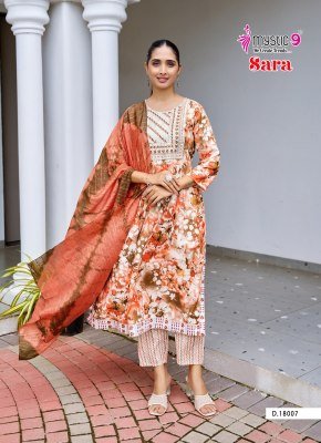 Mystic9 Sara Vol 18 Nyra Cut Kurti Pant with Dupatta Heavy Rayon Foil Print And Embroidered Neck Chanderi Cotton Dupatta Wholesale kurti pant with dupatta Catalogs